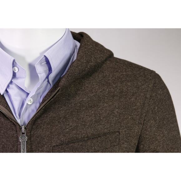 La Merde Brown Herringbone Hooded Bomber Jacket Coat Men's Medium - Picture 4 of 9